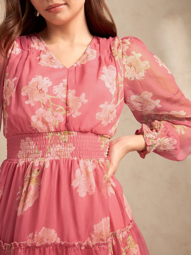 Outzidr pink Pink Printed Full Sleeves Waist Smoked Dress for Women | Best Price UAE